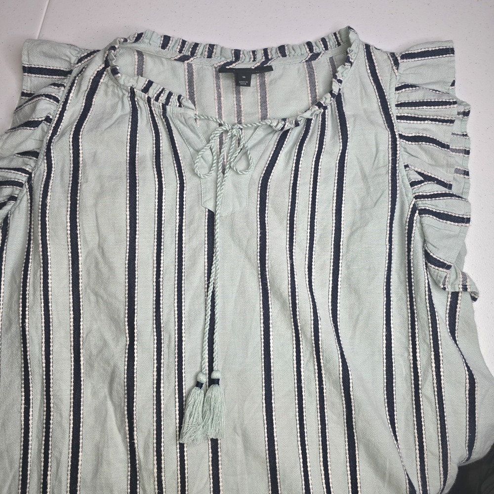 LANE BRYANT Women's Blue Striped Sleeveless Size‎ 16 Blouse Ruffle Tie -1132